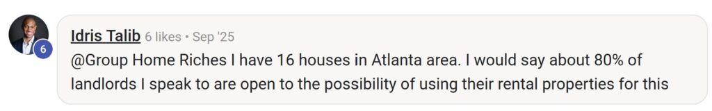 Post by Idris Talib: 'I have 16 houses in Atlanta area... open to the possibility of using their rental properties for this'